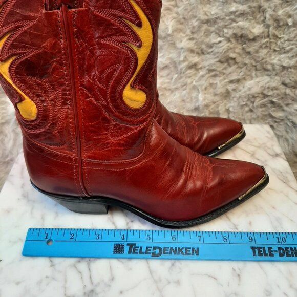 Vintage Code West Women’s Burgundy Red and Yellow Leather Cowboy Boots Size 6M - Picture 2 of 10